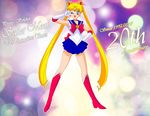  anniversary bishoujo_senshi_sailor_moon blonde_hair blue_eyes boots bow double_bun english gloves highres long_hair magical_girl pleated_skirt sailor_collar sailor_moon sailor_senshi_uniform skirt solo text_focus tiara tsukino_usagi twintails very_long_hair 