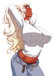  :o annette_(tonari_no_ie_no_annette-san) arched_back arms_behind_head arms_up bangs belt black_panties blue_eyes blush borrowed_character breasts cowboy_shot dark_skin denim from_side hair_between_eyes hands_in_hair huge_breasts jeans long_hair looking_at_viewer midriff navel oono_tsutomu open_mouth panties pants profile ribbed_sweater simple_background solo standing sweater tonari_no_ie_no_annette-san toned turtleneck unbuttoned underwear unfastened unzipped wavy_hair white_background white_hair 