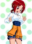  bad_id bad_pixiv_id blush breast_expansion clothes_around_waist duskbreeze eyelashes hair_ornament hairclip hino_akane_(smile_precure!) nanairogaoka_middle_school_uniform open_mouth pleated_skirt polka_dot polka_dot_background precure red_eyes red_hair school_uniform skirt smile_precure! solo surprised sweater sweater_around_waist 