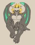  2018 3_toes 4_fingers anthro balls blonde_hair brown_background changed_(video_game) claws daftpatriot dragon drooling erection front_view green_eyes hair hi_res male mane mask monster muscular nipples nude one_eye_closed penis precum retracted_foreskin rubber saliva simple_background sitting solo toes uncut wings wink 