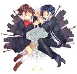  1girl blue_hair bow brown_hair closed_eyes female_protagonist_(persona_3) headphones holding_hands persona persona_3 persona_3_portable ribbon school_uniform sleeping smile yuuki_makoto 