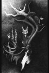 antlers bad_id bad_pixiv_id bird cat formal greyscale horns looking_at_viewer monochrome no_humans original pants pillarboxed plant raven_(animal) scenery shiba_wangoro shirt skull solo standing surreal traditional_media 