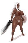  1girl areolae armpit_hair blonde_hair breasts dark_skin feet female full_body gigantic_breasts huge_breasts large_areolae legs long_hair muscle nipples nude pubic_hair pussy red_eyes robolobo robolobo4956 sandals shield simple_background skyrim solo standing sword the_elder_scrolls the_elder_scrolls_v:_skyrim uncensored weapon white_background white_hair yosin 