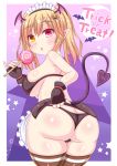  1girl ass blonde_hair breasts demon_girl halloween huge_ass huge_breasts kenyu looking_at_viewer open_mouth pigtails short_hair simple_background solo succubus twintails 