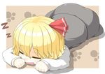  blonde_hair closed_eyes drooling hair_ribbon hecchi_(blanch) lying on_stomach open_mouth paw_print ribbon rumia saliva shirt short_hair skirt skirt_set sleeping smile solo touhou vest zzz 