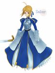  armor armored_dress artoria_pendragon_(all) bad_id bad_pixiv_id blonde_hair denchuu_akira dress excalibur fate/stay_night fate_(series) gauntlets green_eyes hair_ribbon highres ribbon saber solo sword weapon 