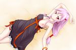  bare_shoulders blush breast_slip breasts cleavage dress guilty_crown hair_ornament hairclip iray long_hair looking_away lying medium_breasts nipples one_breast_out pink_hair red_eyes solo twintails yuzuriha_inori 