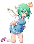  ;q aqua_eyes bare_legs breasts daiyousei dress dress_lift fairy_wings full_body green_hair hair_ribbon highres kneeling kuromu_(underporno) large_breasts long_hair looking_at_viewer mary_janes one_eye_closed ribbon shoes side_ponytail simple_background socks solo tongue tongue_out touhou white_background white_legwear wings 