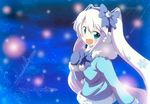  blue_eyes coat hatsune_miku long_hair massala mittens open_mouth smile solo twintails very_long_hair vocaloid white_hair yuki_miku 