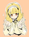  blonde_hair blush cardigan double_v erect_sawaru hairband kise_yayoi long_hair precure smile smile_precure! solo sweatdrop sweater v white_hairband 