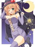  ;d asa_no_ha blush border breasts cape character_request cleavage covered_nipples crescent_moon hat medium_breasts moon navel one_eye_closed open_mouth original outside_border smile solo star thighhighs wand white_border witch_hat zettai_ryouiki 