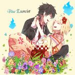  1girl ahoge ao_no_exorcist bad_id bad_pixiv_id black_hair blonde_hair blue_fire closed_eyes copyright_name couple fire floral_print flower hair_flower hair_ornament hand_on_back happy hetero holding_hands japanese_clothes kimono leaf lying_on_person moriyama_shiemi necktie okumura_rin open_mouth pants pietani397 pointy_ears school_uniform seigaiha short_hair sitting smile striped striped_neckwear 