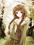  braid brown_hair cherry_blossoms fuuka_(fukasheu) hair_over_shoulder long_hair looking_at_viewer maria-sama_ga_miteru school_uniform sepia serafuku shimazu_yoshino solo twin_braids twintails 