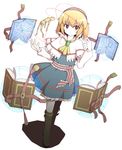  7stride alice_margatroid ascot bad_id bad_pixiv_id blonde_hair book boots brooch brown_eyes dress full_body hairband highres jewelry keyhole magic_circle open_book short_hair simple_background skirt skirt_set solo standing touhou white_background wooden_figure 