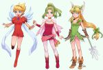  angel_wings blonde_hair blue_eyes boots bow breasts breath_of_fire breath_of_fire_iii bridal_gauntlets brooch cape cleavage commentary_request crossover detached_sleeves dress earrings elbow_gloves final_fantasy final_fantasy_vi forehead_jewel gloves graphite_(medium) green_dress green_hair hairband helmet jewelry long_hair low-tied_long_hair multiple_girls nina_(breath_of_fire_iii) nishizawa_saburou pantyhose polearm ponytail ribbon riesz seiken_densetsu seiken_densetsu_3 short_hair spear tina_branford traditional_media very_long_hair weapon white_wings winged_helmet wings 