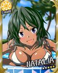  bare_shoulders bikini black_hair brazil brazilian breasts card_(medium) card_parody character_name cinderella_girls_card_parody cleavage dark_skin fang idolmaster idolmaster_cinderella_girls k2isu large_breasts looking_at_viewer natalia_(idolmaster) open_mouth parody purple_eyes short_hair smile solo star sun_(symbol) swimsuit 