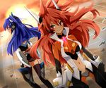  amou_kanade blue_eyes blue_hair bodysuit boots gloves headphones kazanari_tsubasa long_hair multiple_girls one_side_up red_eyes red_hair senki_zesshou_symphogear shinji_(udonteishoku) thigh_boots thighhighs 