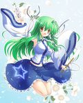  blush breasts detached_sleeves frog frog_hair_ornament gohei green_hair hair_ornament hair_tubes jumping kochiya_sanae large_breasts long_hair ofuda open_mouth osashin_(osada) skirt smile snake solo touhou yellow_eyes 