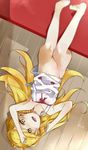  bad_id bad_pixiv_id bare_shoulders barefoot blonde_hair blurry depth_of_field dress dress_lift fangs from_above long_hair lying monogatari_(series) navel nisemonogatari no_panties on_back on_floor open_mouth oshino_shinobu pointy_ears saitou_yuu solo upside-down yellow_eyes 