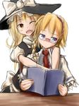  alice_margatroid bespectacled blonde_hair blue_eyes blush book braid face glasses hairband hat hug hug_from_behind kirisame_marisa long_hair multiple_girls necktie one_eye_closed open_mouth reading single_braid sketch touhou witch_hat yasojima_nejiro yellow_eyes 