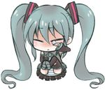  asaki_(artist) chibi closed_eyes hatsune_miku long_hair lowres panties simple_background skirt solo striped striped_panties tears thighhighs twintails underwear very_long_hair vocaloid white_background wiping_tears 