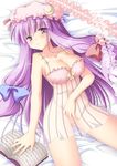  aomi_riru blush book bottomless bow breasts crescent hair_bow hat lingerie long_hair lying medium_breasts negligee no_panties patchouli_knowledge purple_eyes purple_hair solo touhou underwear underwear_only very_long_hair 