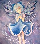  bare_legs blue_eyes blue_hair bow cirno dress hair_bow holding ice ice_wings large_bow puffy_short_sleeves puffy_sleeves short_hair short_sleeves solo touhou traditional_media watercolor_(medium) wind wind_lift wings yuyu_(00365676) 