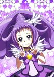  :&lt; ahoge argyle argyle_background ayase_yue big_hair bow choker cosplay cure_peace cure_peace_(cosplay) double_v dress hair_flaps long_hair magical_girl mahou_sensei_negima! precure purple purple_background purple_bow purple_choker purple_eyes purple_hair purple_skirt pururun_z skirt smile_precure! solo star starry_background v wide_ponytail 