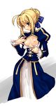  ahoge artoria_pendragon_(all) bad_id bad_pixiv_id blonde_hair blush breasts center_opening clothes_down dress fate/stay_night fate_(series) green_eyes hand_on_own_chest long_sleeves maccyman nipples puffy_sleeves saber small_breasts solo 