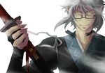  ajiko bad_id bad_pixiv_id bridal_gauntlets choker fingernails glasses glowing glowing_eyes holding katana male_focus morichika_rinnosuke pointy_ears sharp_fingernails sheath sheathed silver_hair simple_background smile solo sword touhou weapon white_background yellow_eyes 