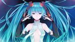  absurdres aqua_hair bad_id bad_pixiv_id bare_shoulders breasts bridal_gauntlets center_opening hatsune_miku hatsune_miku_(append) highres long_hair medium_breasts nail_polish necktie settyaro smile solo tattoo twintails vocaloid vocaloid_append 