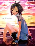  :d antenna_hair barefoot bike_jersey bike_shorts black_hair brown_eyes copyright_name eyewear_on_head fingerless_gloves girigiri gloves highres idolmaster idolmaster_(classic) kikuchi_makoto looking_back ocean open_mouth short_hair sitting smile solo sunglasses sunset watch water wristwatch 