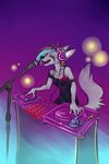  blue_hair bokeh bra brown_hair canine demicoeur dj dress female fluffy_tail gradient gradient_background hair headphones mammal microphone multi-colored_hair open_mouth solo standing turntable two_tone_hair underwear wolf 