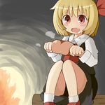  ascot blonde_hair blush_stickers boned_meat child drooling fang fire food hair_ribbon heart heart-shaped_pupils meat open_mouth red_eyes ribbon rumia shoes short_hair sitting socks solo symbol-shaped_pupils touhou yamase 
