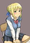  ahoge artoria_pendragon_(all) blonde_hair chair desk fate/zero fate_(series) green_eyes kosuke_haruhito saber school_uniform sitting skirt solo 