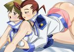  ass ayukawa_emi blonde_hair blush breast_grab breasts brown_eyes butt_crack dimples_of_venus earrings grabbing hikawadou jewelry obelisk_blue_uniform red_hair school_uniform tenjouin_asuka thighs yu-gi-oh! yu-gi-oh!_gx yuri yuu-gi-ou_gx 