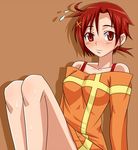  ahoge bare_shoulders blush hair_ornament hairclip hino_akane_(smile_precure!) keke_(kekekue) legs looking_at_viewer orange_shirt precure red_eyes red_hair shirt simple_background sitting smile_precure! smock solo sweatdrop 