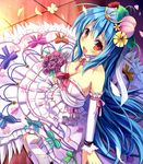  :d blue_hair blush bouquet bow breasts choker cleavage detached_sleeves dress flower food frills from_above fruit gem hair_flower hair_ornament highres hinanawi_tenshi hoshi_no_gen leaf long_hair medium_breasts open_mouth orange_eyes peach petals ribbon rose sitting smile solo tiara touhou very_long_hair wedding_dress 
