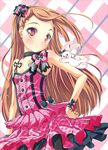  &gt;_&lt; :3 border bow brown_eyes brown_hair bunny choker closed_eyes dress earrings hairband hand_on_hip idolmaster idolmaster_(classic) idolmaster_2 jewelry long_hair minase_iori momo_at_ten plaid plaid_background plaid_dress solo stud_earrings stuffed_animal stuffed_bunny stuffed_toy 