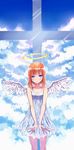  angel angel_wings blue_eyes blush cloud collarbone cross cuffs dress gintama halo handcuffs highres kagura_(gintama) orange_hair short_hair siqi_(miharuu) sky smile solo thighs wings 