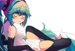  absurdres aqua_eyes aqua_hair barefoot elbow_gloves feet fingernails gloves goose_h hatsune_miku hatsune_miku_(append) highres leotard long_hair mouth_hold sitting solo thighhighs toeless_legwear twintails very_long_hair vocaloid vocaloid_append 