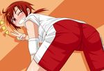  ;d ahoge ass blush elbow_pads grin gym_shorts gym_uniform hair_ornament hairclip hino_akane_(smile_precure!) keke_(kekekue) looking_at_viewer one_eye_closed open_mouth orange_background precure red_hair shirt short_hair shorts simple_background smile smile_precure! solo sweat t-shirt v 