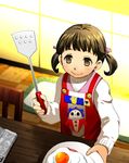  apron blush brown_eyes brown_hair chair cooking doujima_nanako egg kuma_(persona_4) looking_at_viewer mgk968 newspaper persona persona_4 ribbon smile solo spatula sweater table twintails 