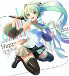  breasts detached_sleeves eyebrows_visible_through_hair full_body green_eyes green_hair hatsune_miku highres long_hair microphone nail_polish necktie pleated_skirt shi-ro skirt solo thighhighs twintails very_long_hair vocaloid 