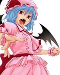  bat_wings blue_hair chikado face fangs hands hat open_mouth red_eyes remilia_scarlet skirt skirt_set solo tongue touhou vampire white_background wings wrist_cuffs 