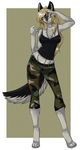  anthro army_pants belt blonde_hair blue_eyes camo canine chest_tuft clothing digitigrade dog female fur hair mammal midriff salute shirt simple_background smile solo standing tank_top tuft 
