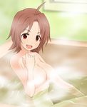 :d ahoge bath breasts brown_hair cleavage idolmaster idolmaster_cinderella_girls large_breasts masahal5103 navel nude open_mouth red_eyes saitou_youko short_hair sitting smile solo steam 