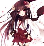  arm_guards asprach black_hair black_legwear blush flat_chest flower hair_flower hair_ornament horns inu_x_boku_ss japanese_clothes long_hair miko open_mouth petals purple_eyes scarf shirakiin_ririchiyo solo thighhighs 