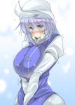  bad_id bad_pixiv_id blue_eyes blue_hair blush breast_squeeze breasts hat huge_breasts letty_whiterock short_hair solo toono_yayoi touhou trembling upper_body 
