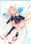  :d ahoge animal_ears blonde_hair blue_eyes boots braid ia_(vocaloid) long_hair mosho open_mouth single_sock single_thighhigh skirt smile socks solo striped striped_legwear thighhighs traditional_media twin_braids very_long_hair vocaloid 